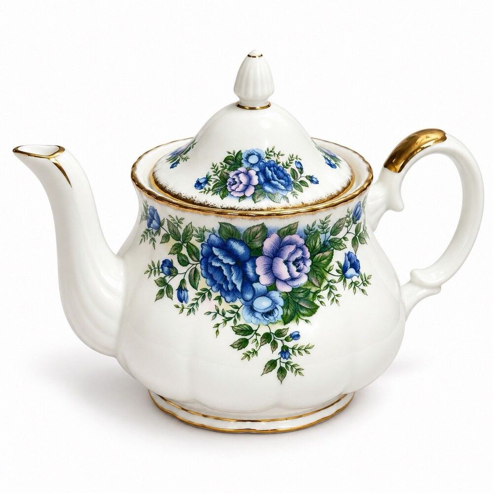 Vintage Robinson Design Group English Garden Teapot Blue Roses Gold Trim Japan